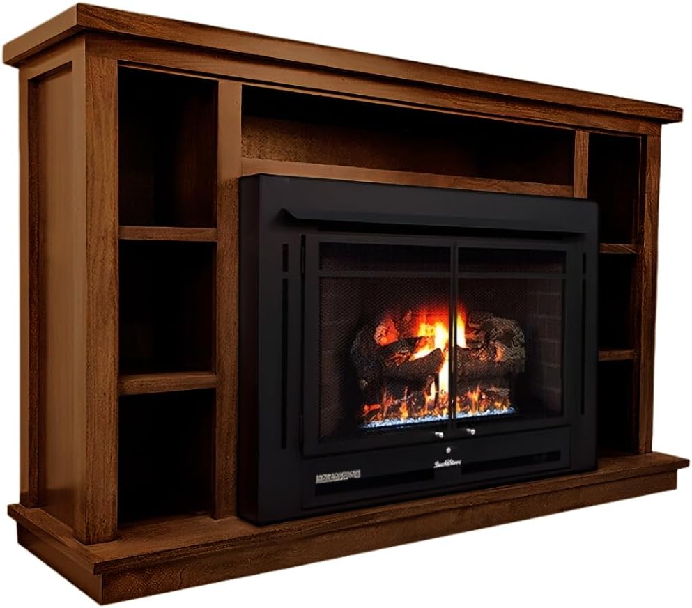 Buck Stove gas fireplace in a living room setting with Dark Oak mantel